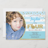 Konijn jongen 4e verjaardag foto uitnodiging in bl (Voorkant)