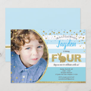 Konijn jongen 4e verjaardag foto uitnodiging in bl