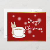 Konijn & Koffie Rood Vrolijk Kerstfeest Briefkaart (Voorkant / Achterkant)