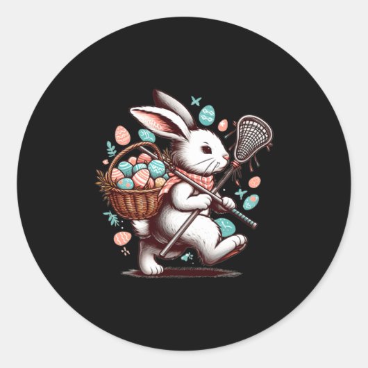 Konijn lacrosse speler gelukkig paaseieren zoeken ronde sticker (Voorkant)