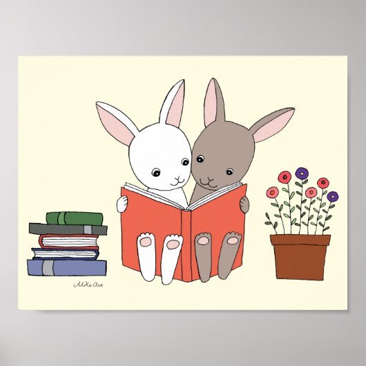 Konijn leest boeken print nursery kunst poster (Voorkant)