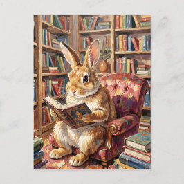 Konijn leest een boek in een knusse kamer vol boek briefkaart