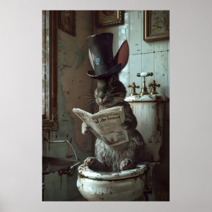 Konijn leest krant op toiletprint, haas poster
