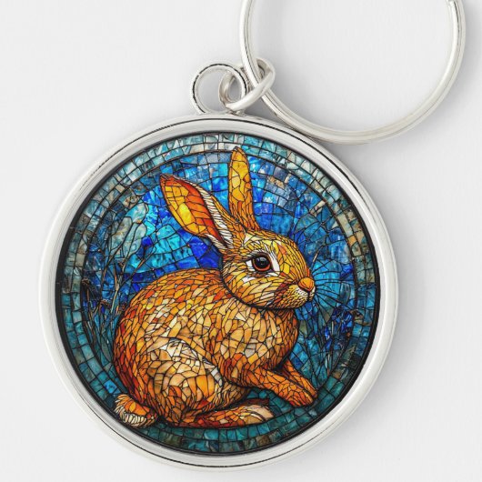Konijn Levendig Glas-in-Lood Kunstwerk Sleutelhanger (Voorkant)