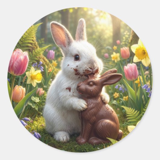 Konijn likt een chocolade paashaas ronde sticker (Voorkant)