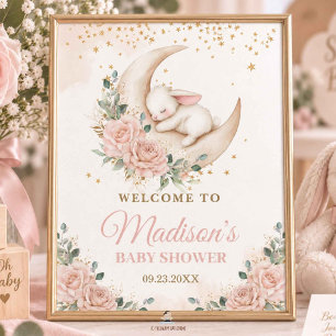 Konijn Maan Roze Blush Bloemige Baby Shower Poster