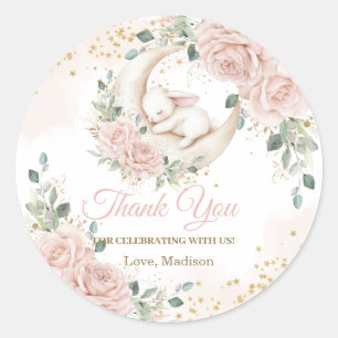 Konijn Maan Roze Blush Bloemige Baby Shower Ronde Sticker