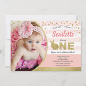 Konijn meisje 1e verjaardag foto uitnodiging roze  (Voorkant)