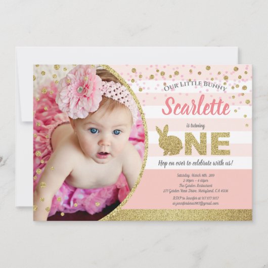 Konijn meisje 1e verjaardag foto uitnodiging roze  (Voorkant)