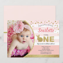 Konijn meisje 1e verjaardag foto uitnodiging roze