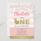 Konijn meisje eerste verjaardagsuitnodiging roze e kaart (Voorkant)