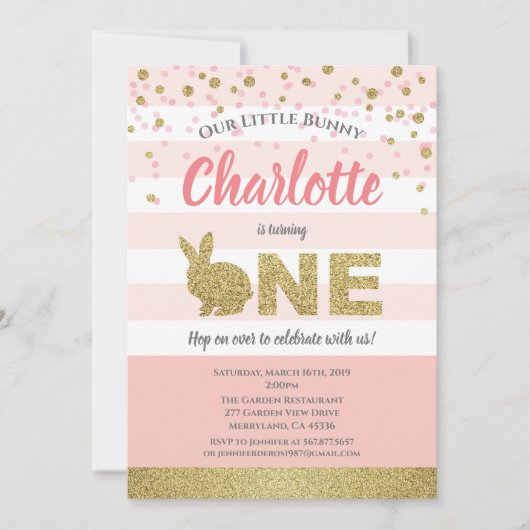 Konijn meisje eerste verjaardagsuitnodiging roze e kaart (Voorkant)