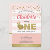 Konijn meisje eerste verjaardagsuitnodiging roze e kaart (Voorkant / Achterkant)