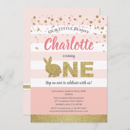 Konijn meisje eerste verjaardagsuitnodiging roze e kaart (Voorkant / Achterkant)