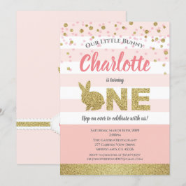 Konijn meisje eerste verjaardagsuitnodiging roze e kaart