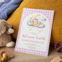 Konijn Meisje Maan Ster Roze Geruit Baby Shower 