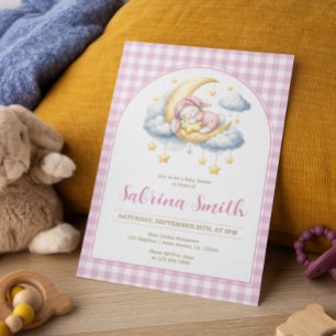 Konijn Meisje Maan Ster Roze Geruit Baby Shower  Kaart