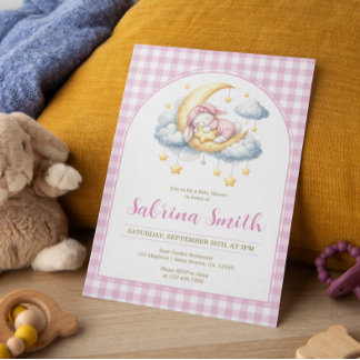 Konijn Meisje Maan Ster Roze Geruit Baby Shower Kaart