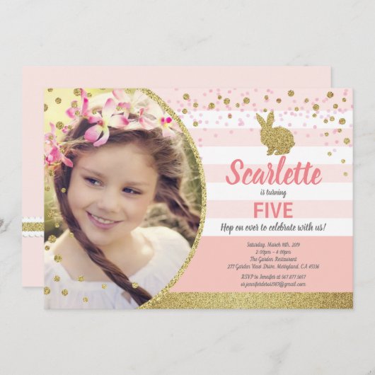 Konijn meisje verjaardagsfoto uitnodiging roze gou (Voorkant / Achterkant)