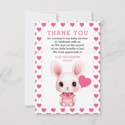 Konijn met ballon roze harten meisje Baby shower Bedankkaart (Voorkant)