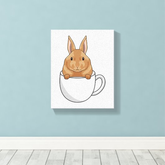 Konijn met beker koffie canvas afdruk (Insitu (Houten vloer))