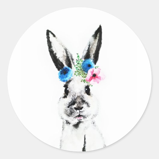 Konijn met Bloemen Ronde Sticker (Voorkant)