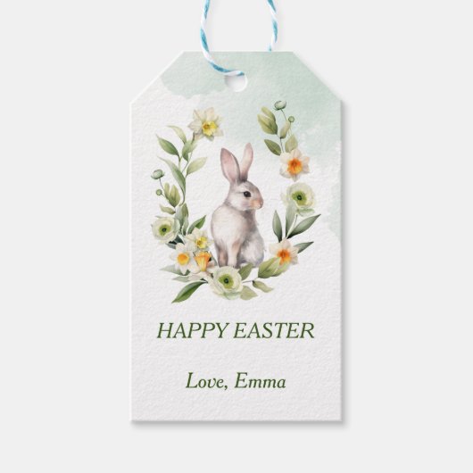 Konijn met bloemenkrans aangepaste tekst cadeaubij cadeaulabel (Voorkant)