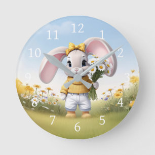 Konijn met boeket witte margrieten ronde klok