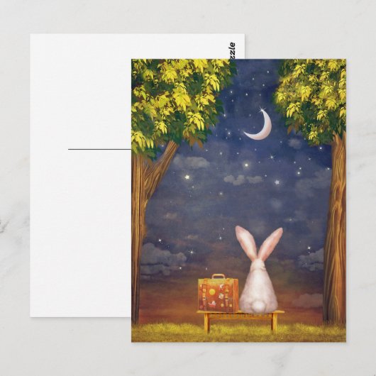 Konijn met een koffer die naar de nachtelijke heme briefkaart (Voorkant / Achterkant)
