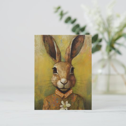 Konijn met een witte bloem briefkaart (Staand voorkant)