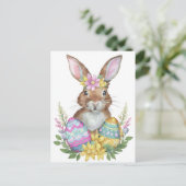Konijn met eieren en bloemen feestdagenkaart (Staand voorkant)