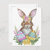 Konijn met eieren en bloemen feestdagenkaart (Voorkant / Achterkant)