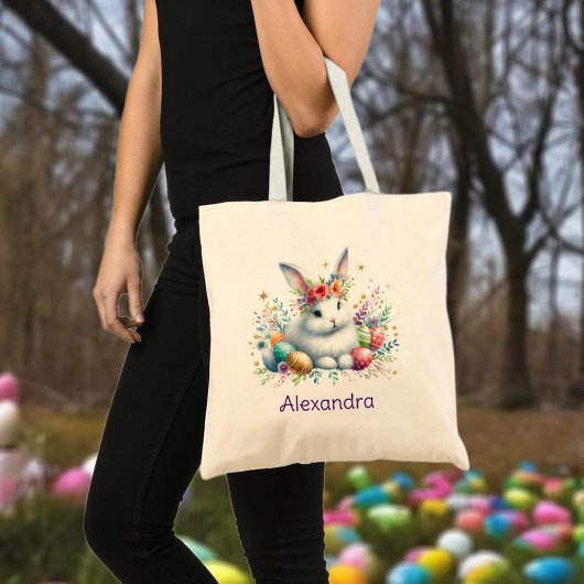 Konijn met eigen naam bloemen paaseierenjacht tote bag