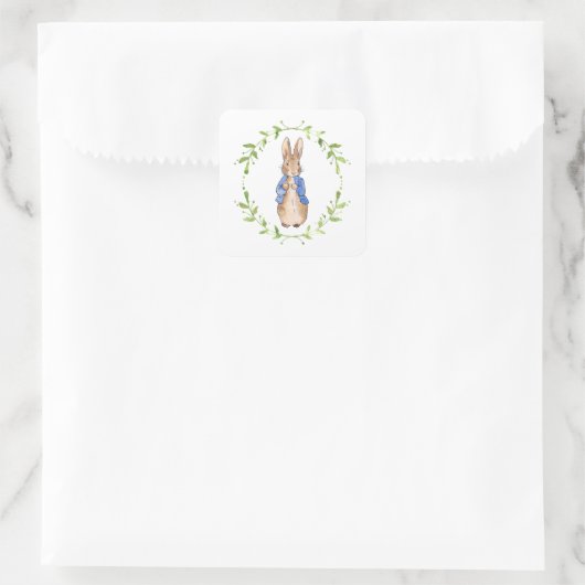 Konijn met groene bladenguirlande   vierkante sticker (Tas)