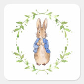 Konijn met groene bladenguirlande   vierkante sticker (Voorkant)