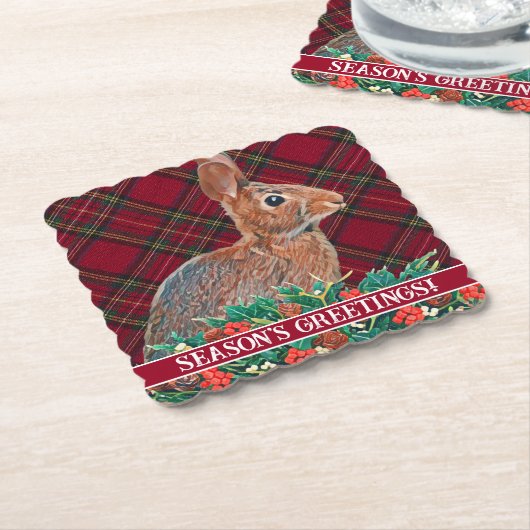 Konijn met Holly Berries en Plaid Kartonnen Onderzetters (Gebogen)
