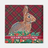 Konijn met Holly Berries en Plaid Magneet (Voorkant)