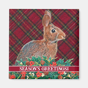 Konijn met Holly Berries en Plaid  Magneet