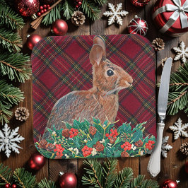 Konijn met Holly Berries en Plaid Papieren Bordje