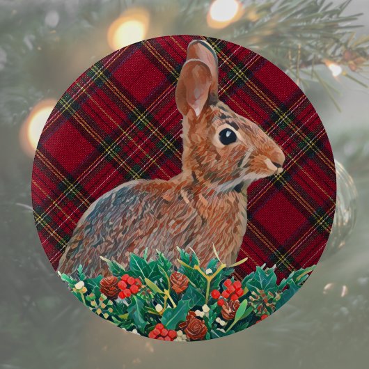 Konijn met Holly Berries en Plaid Ronde Button 5,7 Cm