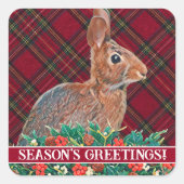 Konijn met Holly Berries en Plaid Vierkante Sticker (Voorkant)