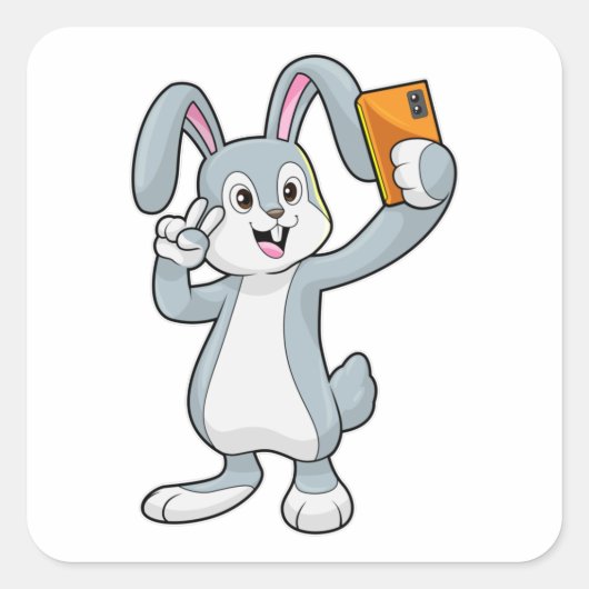 Konijn met mobiele telefoon vierkante sticker (Voorkant)