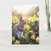 Konijn met narcissen voor chocolade paashaas