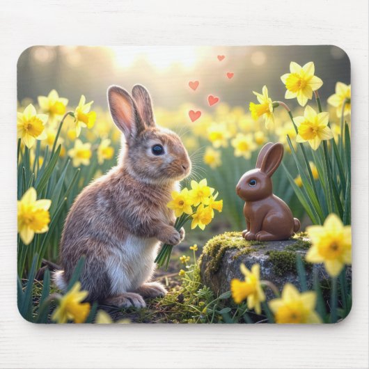 Konijn Met Narcissen voor Chocolade Paashaas Muismat (Voorkant)