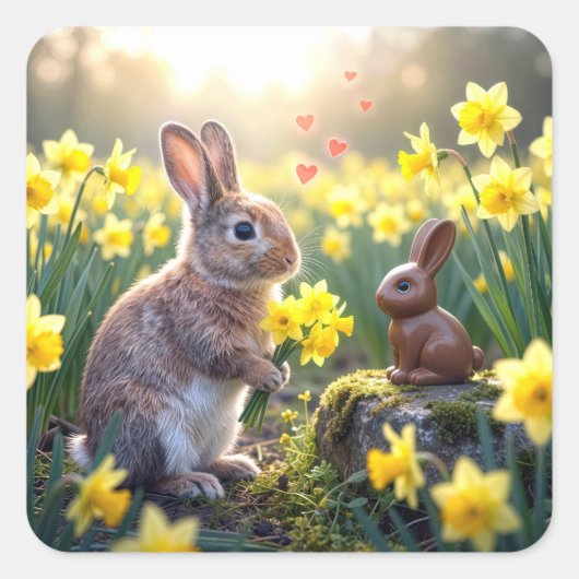 Konijn met narcissen voor chocolade paashaas vierkante sticker (Voorkant)