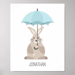 Konijn met paraplu eigen naam kinderkamer muurkuns poster