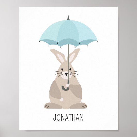 Konijn met paraplu eigen naam kinderkamer muurkuns poster (Voorkant)
