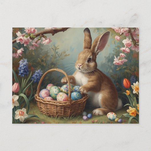 Konijn met Pasen Eiermand en Lentetuin Feestdagenkaart (Voorkant)