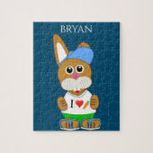 Konijn met pet puzzel met de naam van het kind. legpuzzel (Verticaal)