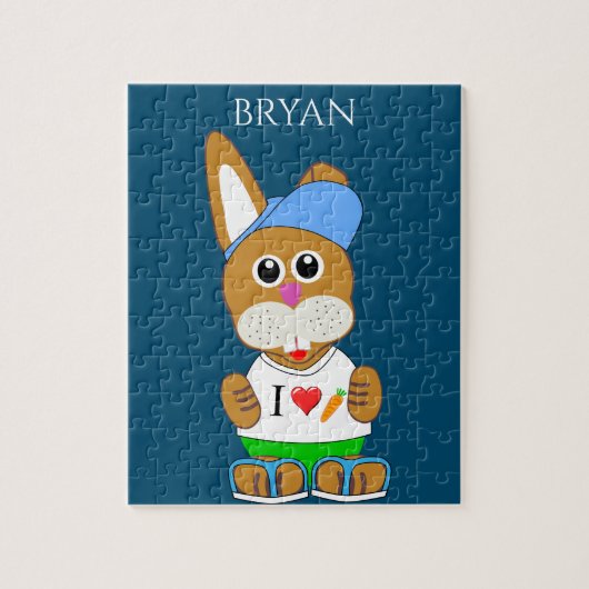 Konijn met pet puzzel met de naam van het kind. legpuzzel (Verticaal)